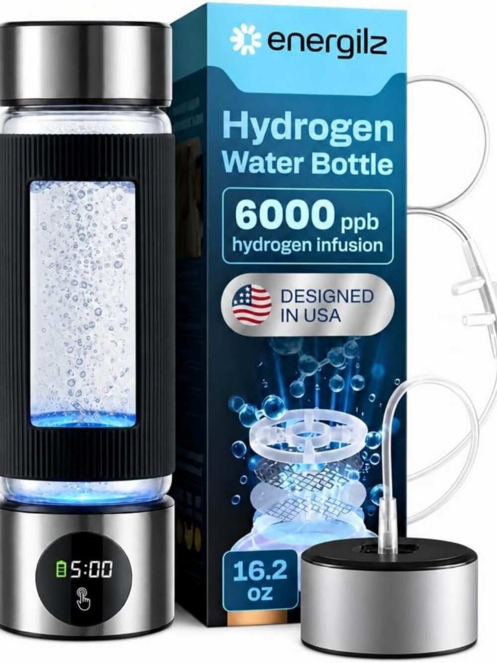 Hydrogen Water Bottle 16.2 oz | Portable Hydrogen Generator | 6000 PPB Ionizer